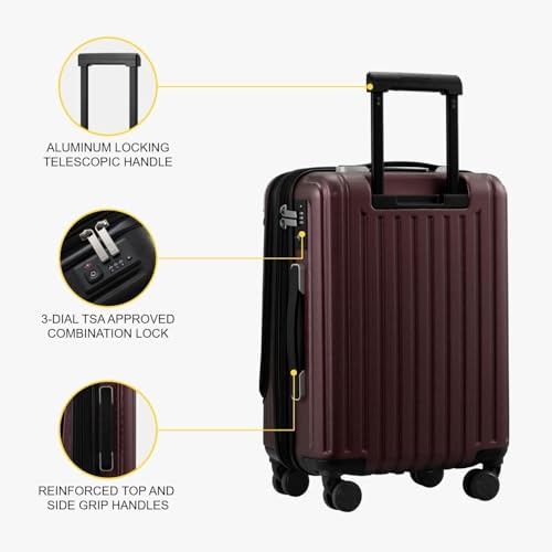 LEVEL8 Grace Carry on Luggage Airline Approved, 20 Inch Expandable Hardside Suitcases with wheels, Abs+Pc Harshell Spinner Luggages with Tsa Lock, Red