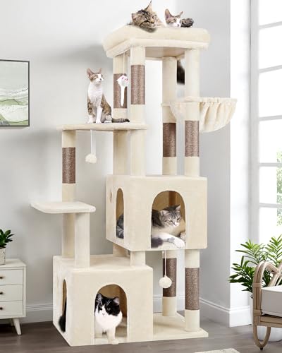 Globlazer Cat Tower for Indoor Cats, Heavy Duty Cat Trees for Large Cats Adult Big Cats Maine Coon Cat Tree Tower with Scratching Post, Extra Large Top Perch, Cat Condos, F61, Light Grey, 61inch