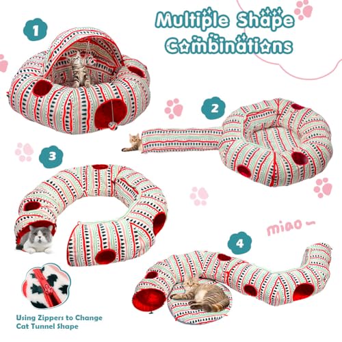 Cat Tunnel Bed for Indoor Cats, Soft Plush Peekaboo Cat Cave Donut Tunnel, Multifunctional Cat Playground Toys Hideplace for Small Medium Large Cats, Kittens, Rabbit, Ferret (Red)