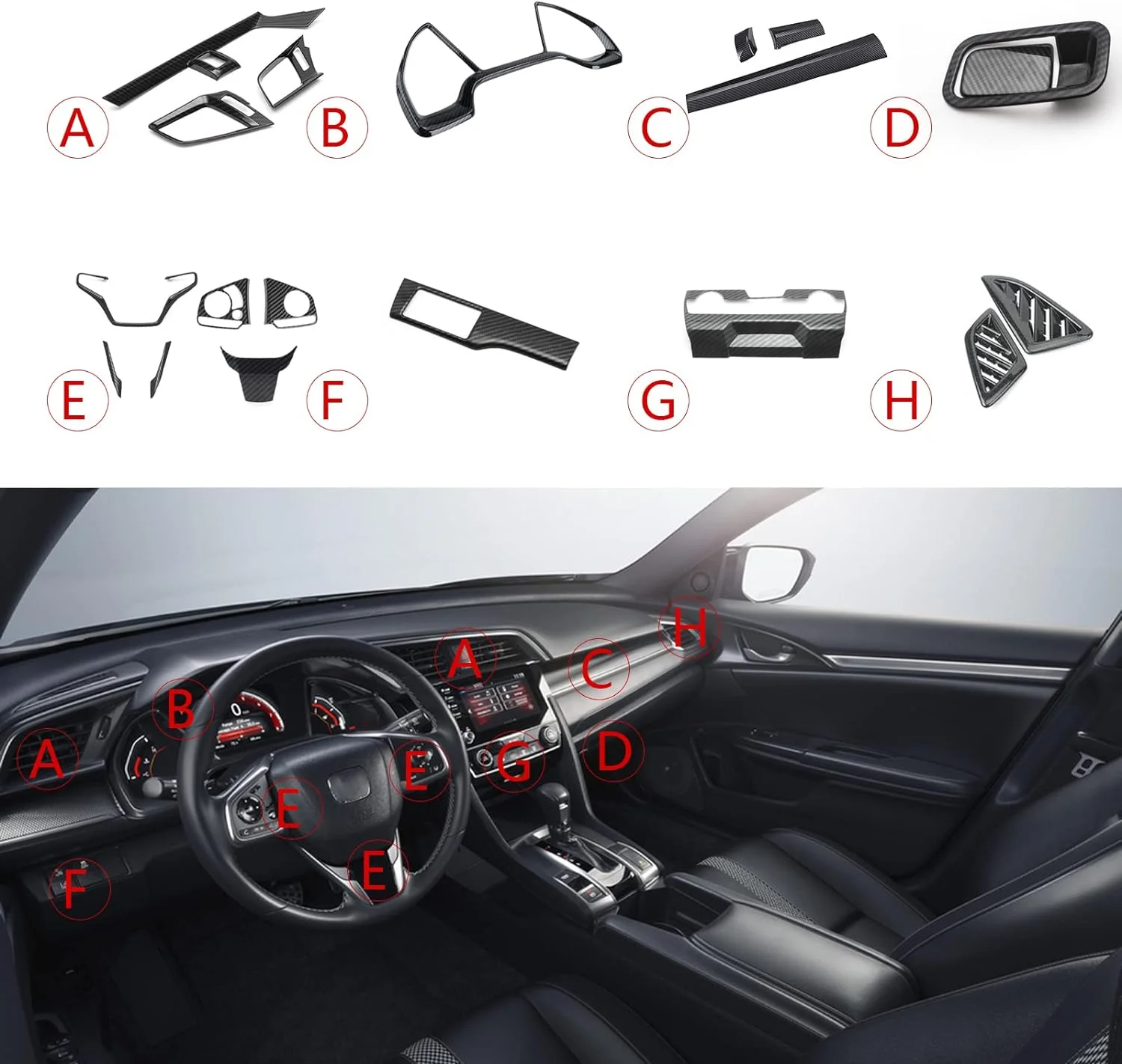 Xotic Tech Interior Center Console Dashboard Panel Headlight Switch Steering Wheel AC Vent Cover Trim Combo Kit , Carbon Fiber Pattern , Compatible with Honda Civic 10th Gen DX EX 2016-2021