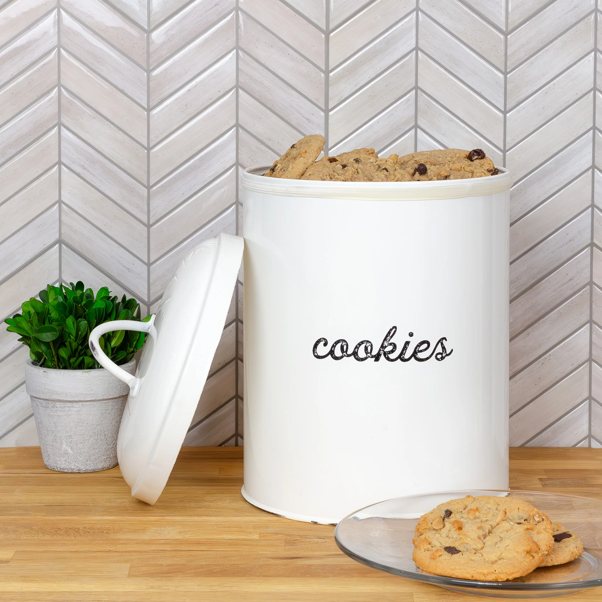 AuldHome White Enamelware Cookie Jar, Rustic Large Treats Canister