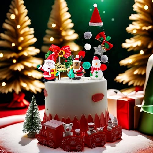 Merry Christmas Cake Toppers with Craft Tree, Snowman Cake Decorations