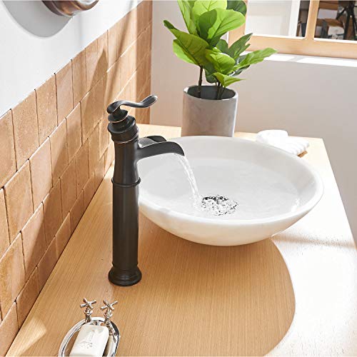 BWE Vessel Sink Faucet Waterfall Matte Black with Pop Up Drain Without Overflow and Supply Lines, Black Sink Faucet Bathroom One Handle Faucets Vanity Bath Mixer Tap