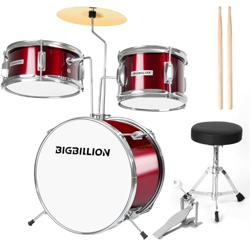 Drum Set for Kids, 3-Piece 14'' Beginner Kids Drum Kit Junior Drum Set with Bass Tom Snare Drum with Adjustable Throne, Cymbal, Pedal, Drumsticks (Pink)