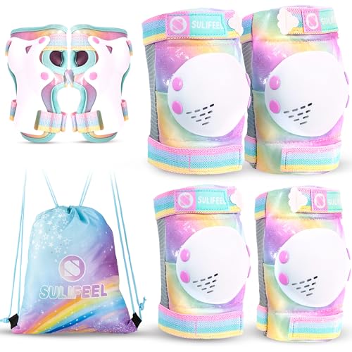 SULIFEEL Rainbow Unicorn Knee Pads for Kids Knee Elbow Pads Wrist Guards with Drawstring Bag Adjustable Protective Gear Set for Girls Roller Skating Bike Cycling Skateboard Scooter Dazzling Small