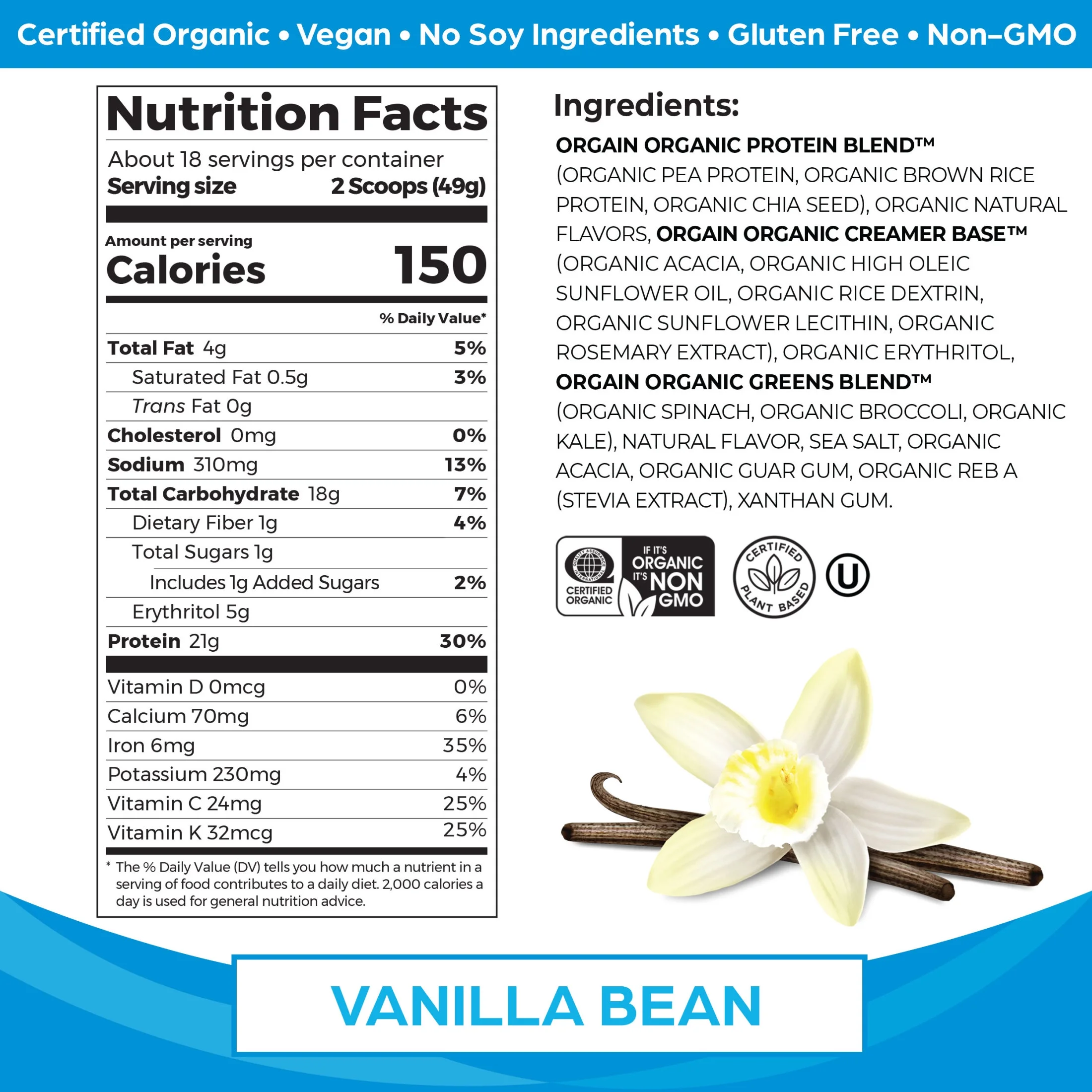 Orgain Organic Vegan 21g Protein & Greens Powder, Plant Based, Non-GMO, Vanilla 1.94lb