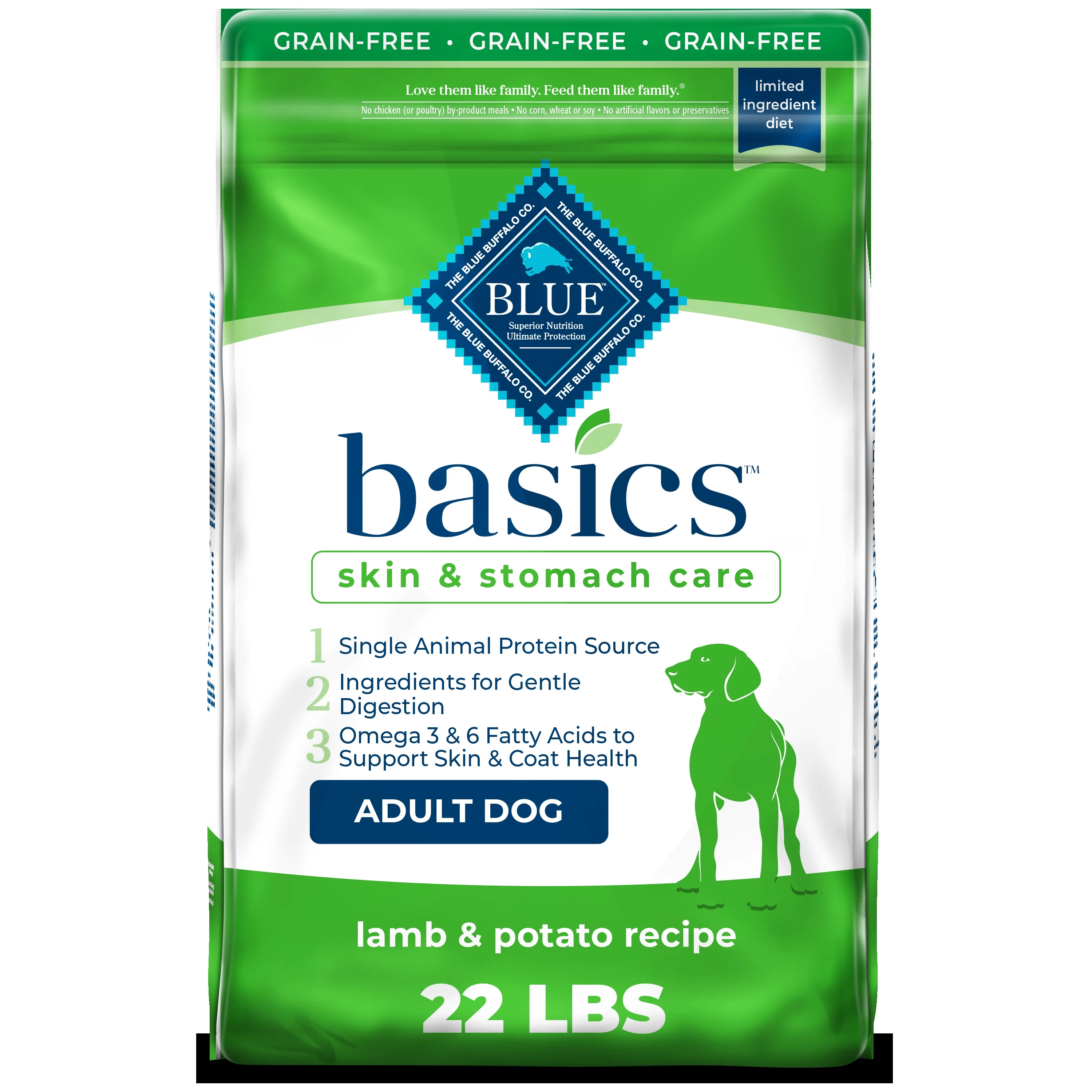Blue Buffalo Basics Skin & Stomach Care Lamb and Potato Dry Dog Food for Adult Dogs, Grain-Free, 22 lb. Bag