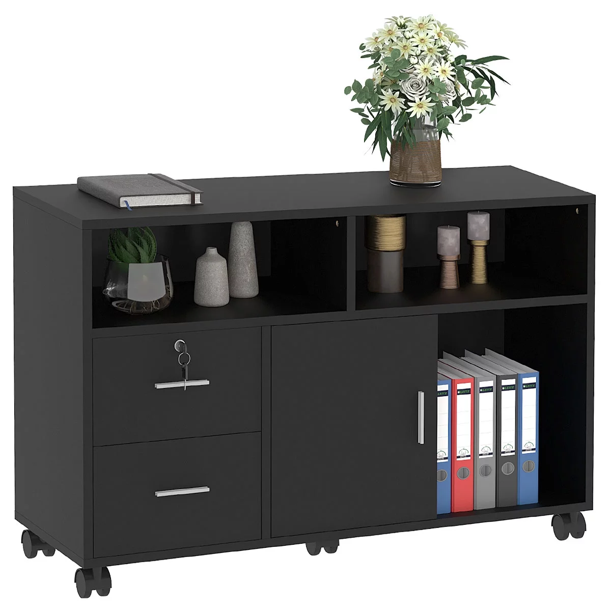 DWVO Office Lateral File Cabinet 2 Drawer with Lock Storage Wood Shelf A4 Size Filing Organizer Black