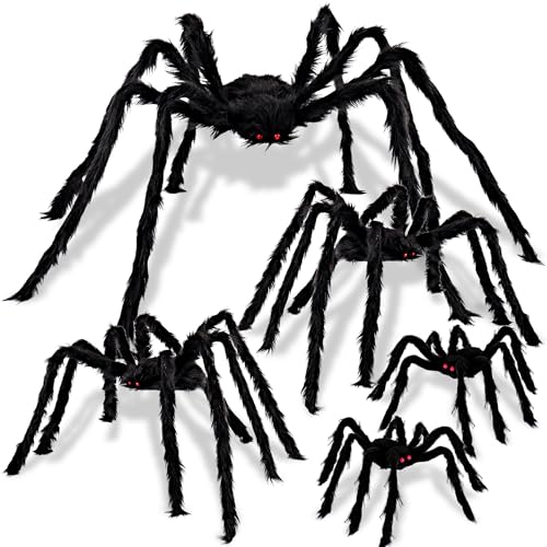 JOYIN 5 Packs Halloween Decorations Outdoor Giant Spiders, Large Black Hairy Spider Set with Different Size for Halloween Outside Decor, Lawn, Yard, Indoor Decor(35