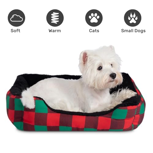 Hollypet Printed Flannel Rectangle Plush Dog Cat Bed Self-Warming Pet Bed, Christmas Red and Green Check
