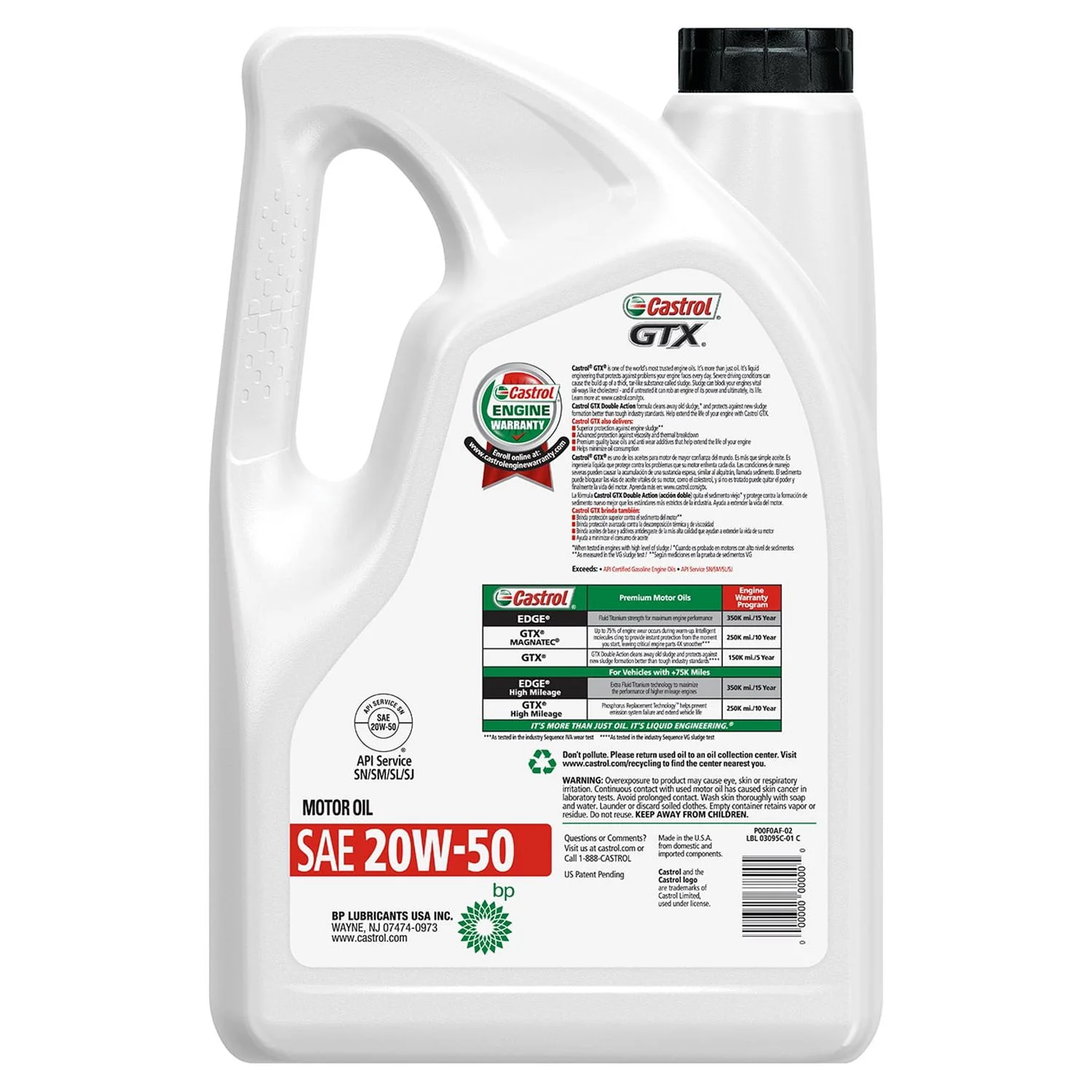 Castrol GTX 20W-50 Conventional Motor Oil, 5 Quarts