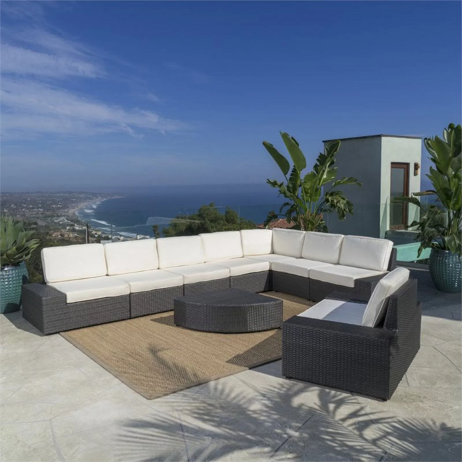 Noble House Santa Cruz 9-Piece Outdoor Wicker/Metal Sectional Sofa Set in Gray