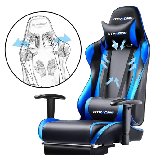 GTRACING Gaming Chair with Footrest, Ergonomic Computer Game Desk Chair, Reclining Game Chair Seat Height Adjustment, Swivel Rocker with Headrest and Lumbar (Blue)