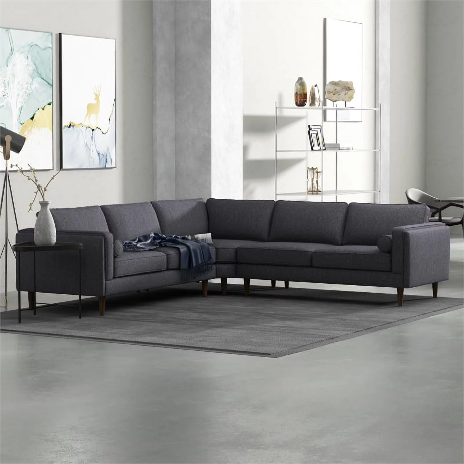 Foreman Mid-Century Pillow Back Fabric Symmetrical Corner Sofa in Dark Gray