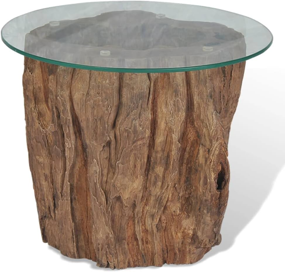 Teak Tree Stump Coffee Table, Natural Wood Side Table with Tempered Glass Top & Teak Base, Solid Wood Round Sofa Table, Tea Stand, Living Room