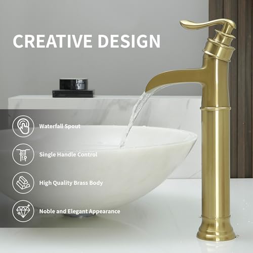 BWE Vessel Sink Faucet Waterfall Matte Black with Pop Up Drain Without Overflow and Supply Lines, Black Sink Faucet Bathroom One Handle Faucets Vanity Bath Mixer Tap