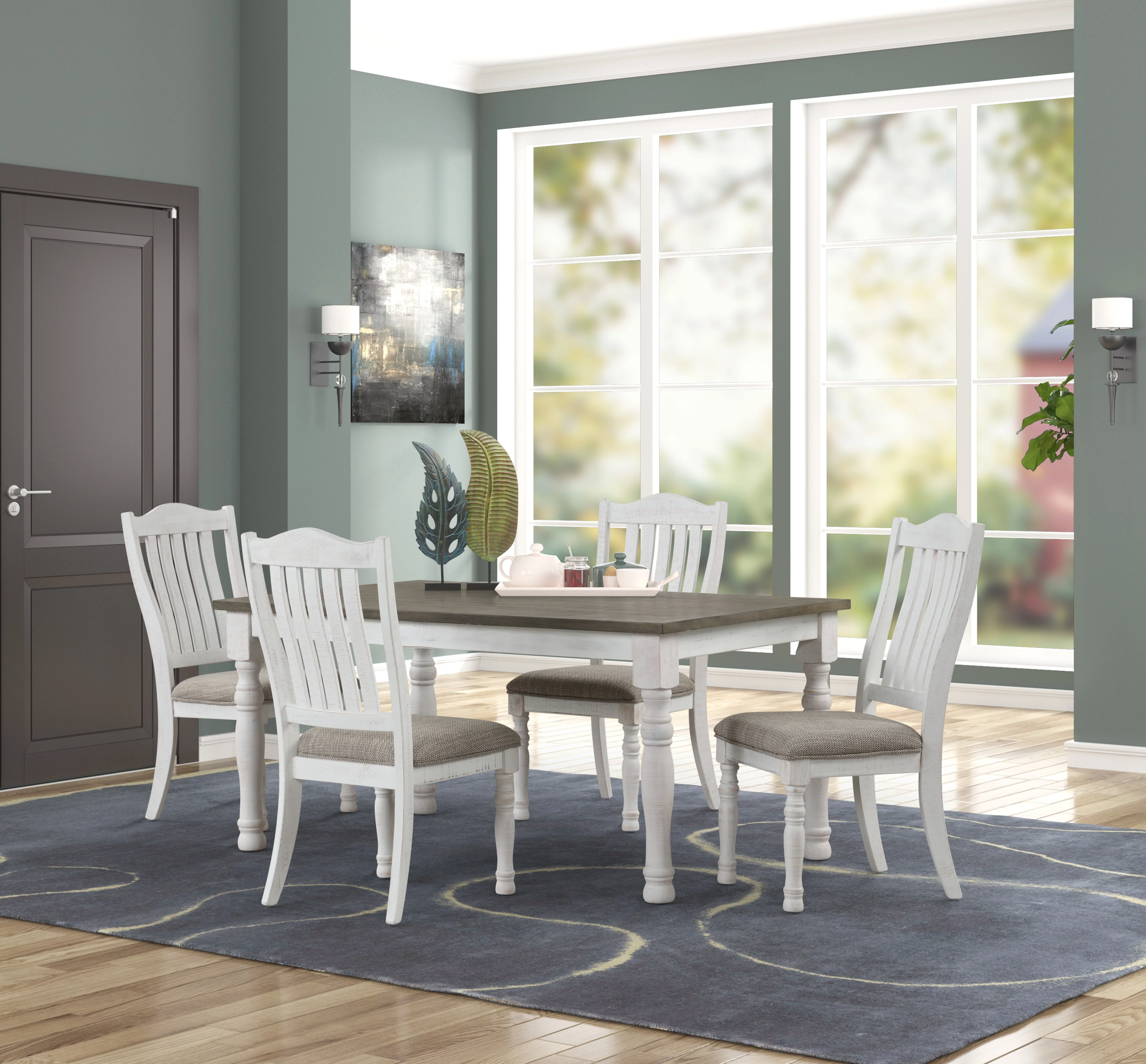 Roundhill Furniture Ebret Farmhouse 5-Piece Two-tone Distressed Dining Set, Brown and White