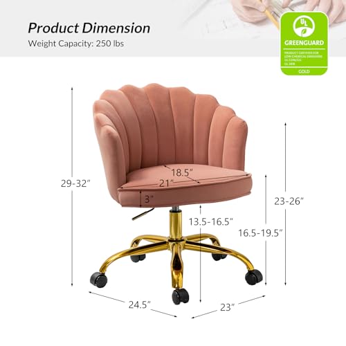 HULALA HOME Velvet Home Office Chair with Gold Base, Womans Modern Cute Shell Back Upholstered Desk Chair for Vanity, Adjustable Swivel Task Chair for Living Room, Teal