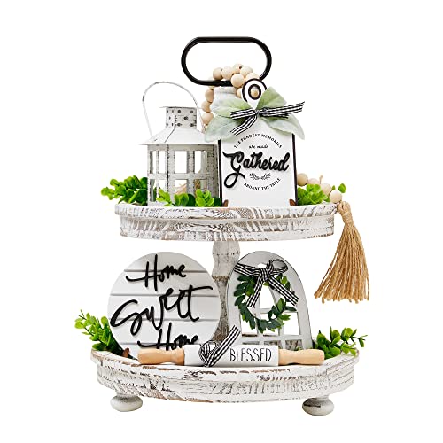 Houmury Set of 17 Farmhouse Tiered Tray with 1 Lantern Artificial Plant& Cutting Board Sign for Rustic Home Sweet Home Kitchen Decor Tier Tray Decor Set