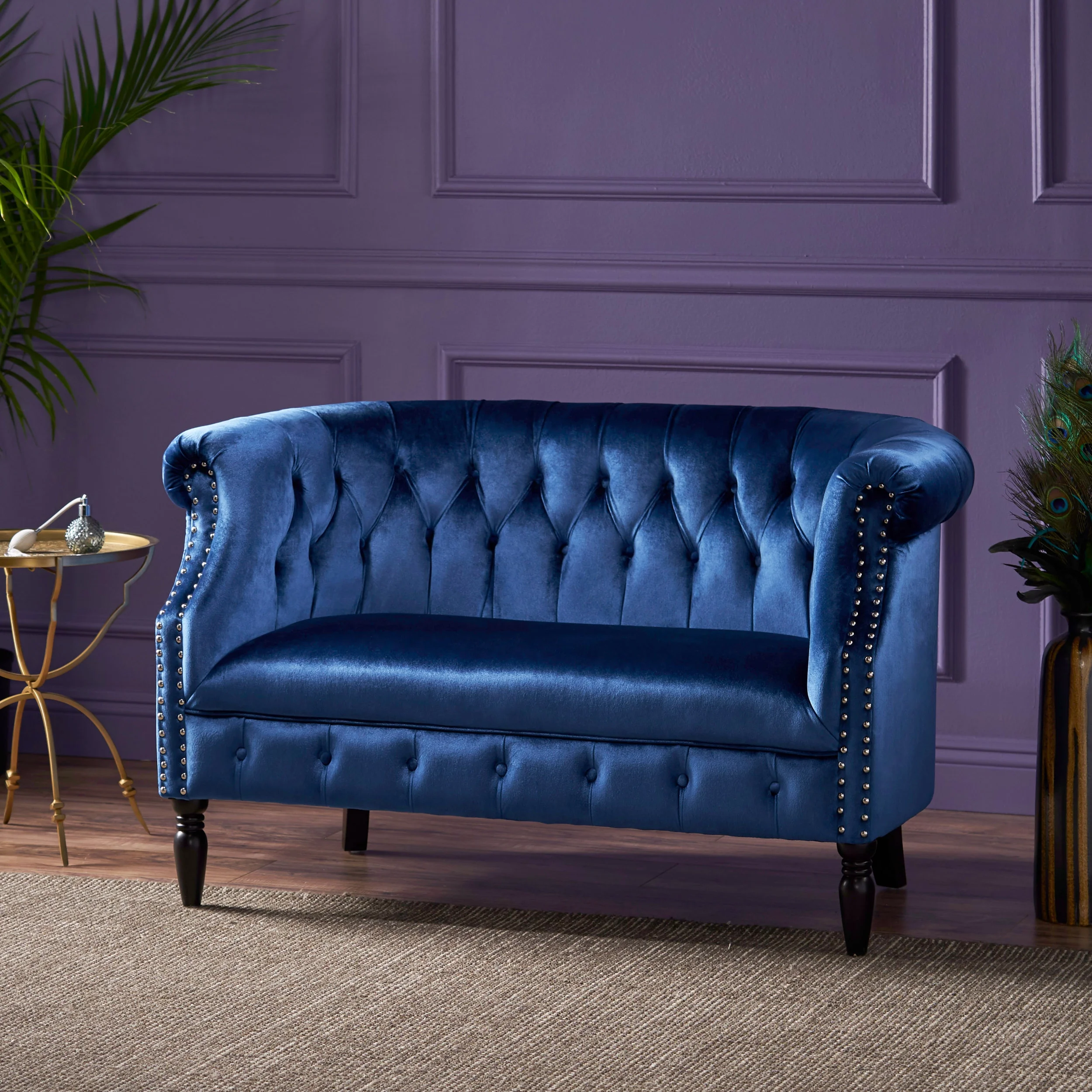 Melaina Tufted Chesterfield Velvet Loveseat with Scrolled Arms, Navy Blue and Dark Brown