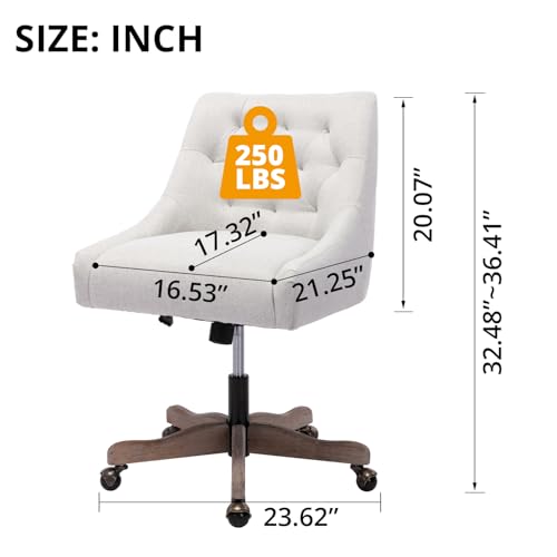 Swivel Home Office Chair, Modern Fabric Upholstered Tufted Accent Computer Desk Chairs with Ergonomic Wide Backrest and Wooden Legs, Height Adjustable Swivel Vanity Seat for Office, Beige