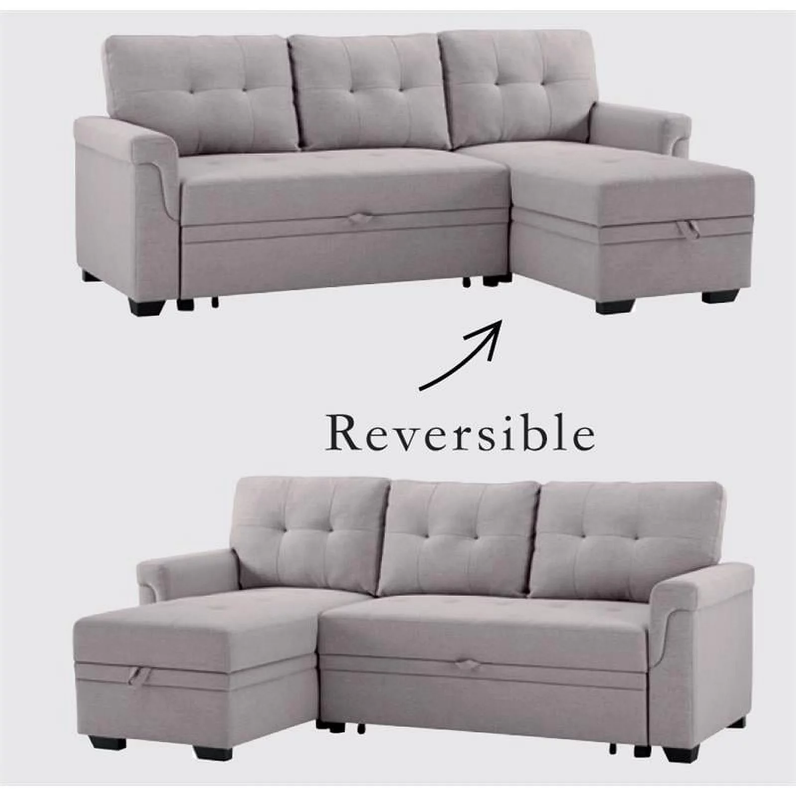 Bowery Hill Fabric Light Gray Linen Reversible/Sectional Sleeper Sofa