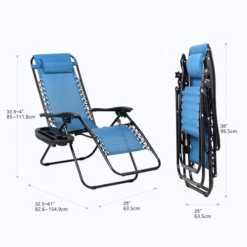 Nazhura Set of 2 Relaxing Recliners Patio Chairs Adjustable Steel Mesh Zero Gravity Lounge Chair Beach Chairs with Pillow and Cup Holder (Dark Green)