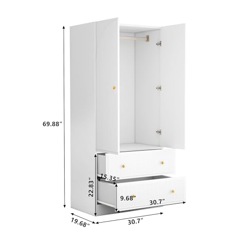QHITTY Freestanding Bedroom Armoire Wardrobe with 2 Drawers, Bedroom Chest Clothes Storage with Clothing Rod and 2 Storage Doors for Bedroom, Living Room White