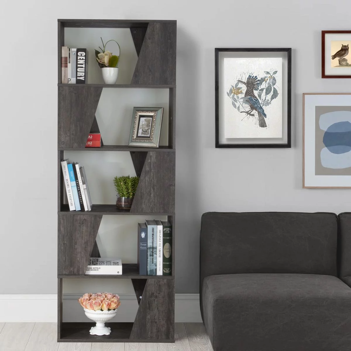 5-tier Wooden Bookcase, Display Bookshelf And Room Divider Storage Shelving Unit in Washed Black Finish