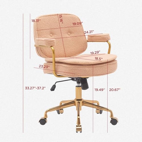 Boucle Desk Chair with Wheels and Arms,Upholstered Cute Office Chair with Gold Metal Legs, Teddy Chair for Girls and Women, Ideal for Small Space Bedroom Study and Makeup, Camel