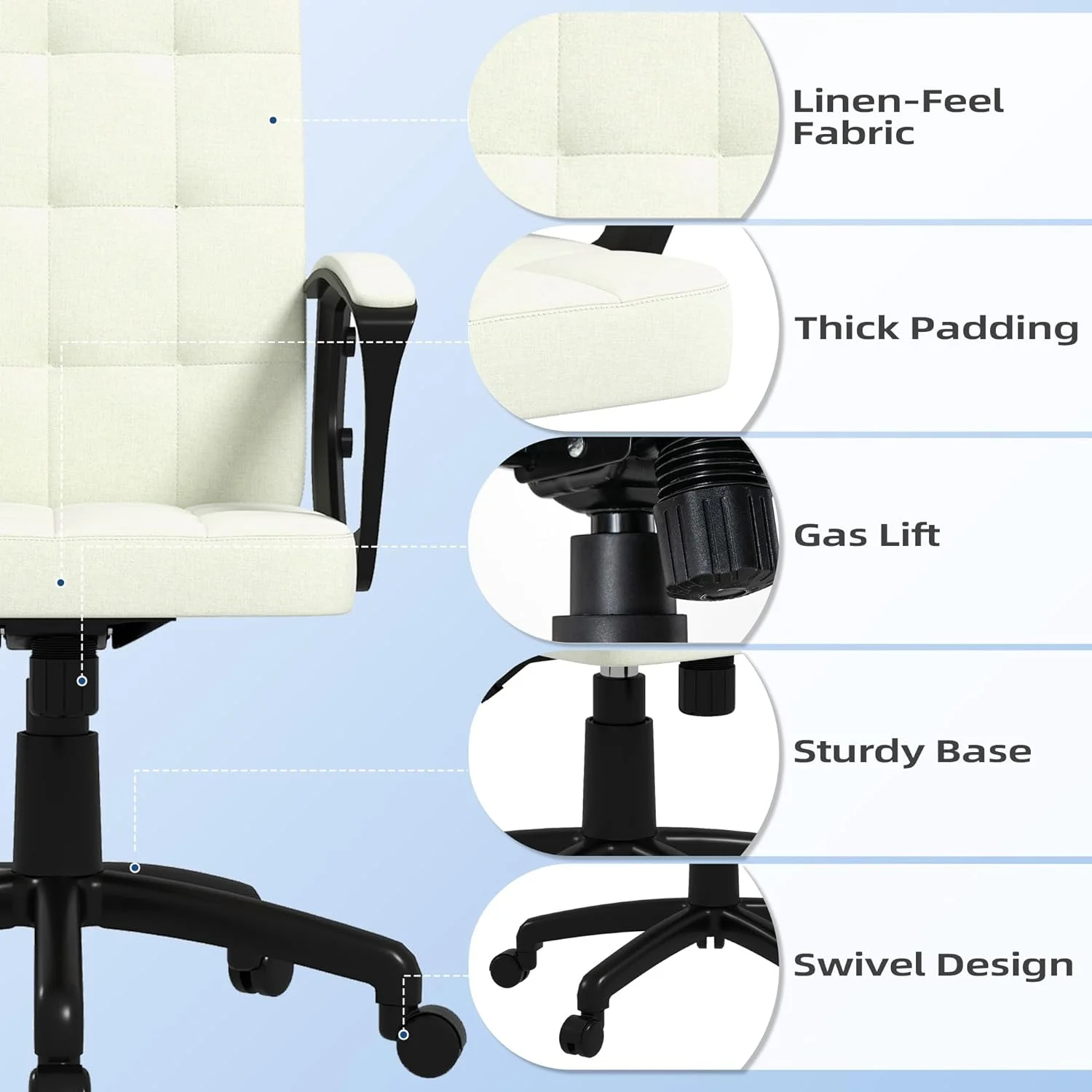 Fabric Office Chair, Computer Desk Chair, Swivel Task Chair With Arms, Adjustable Height, Swivel Wheels, Back, Cream White