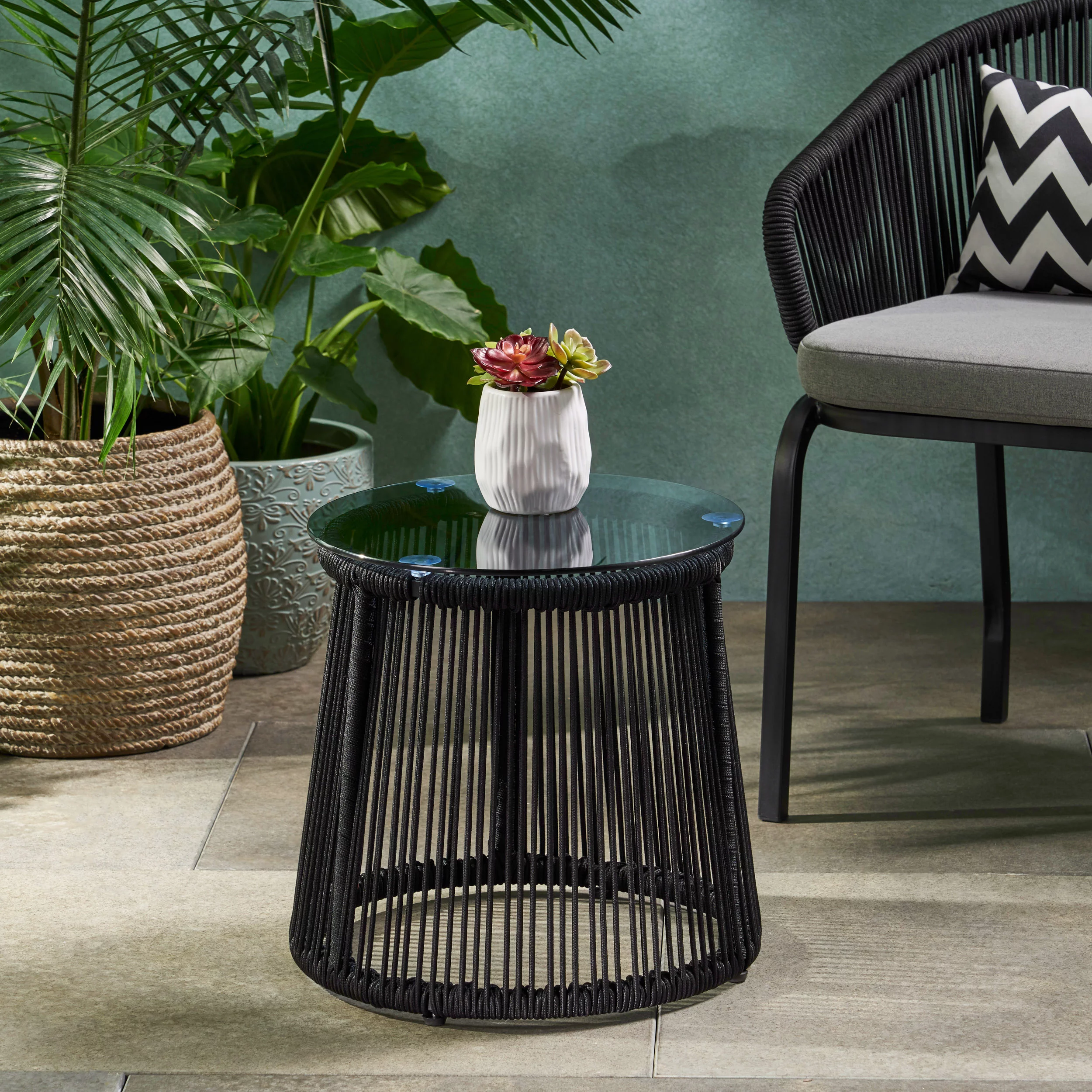 Noble House Moonstone Modern Outdoor Cast Iron Rope Weave Side Table in Black