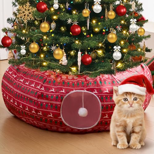 Christmas Tree Cat Tunnel Bed-Christmas Cat Donut Tunnel with Christmas Tree Skirt, Multifunctional Round Pet Cave Toy Suitable for Kittens/Puppies/Rabbits/Ferret(Tent Design)
