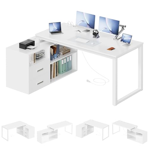 L-Shaped Desk with File Cabinet & Power Outlet, 55 Inch Large Computer Corner Table with Drawers and Storage Shelves for Home Office, White