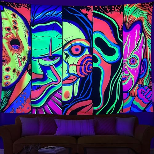 Black Light Art Halloween Wall Decor Trippy Blacklight Horror Face Tapestry, UV Reactive Tapestries Glow in The Dark Party Tapestry for Bedroom, Living Room (70