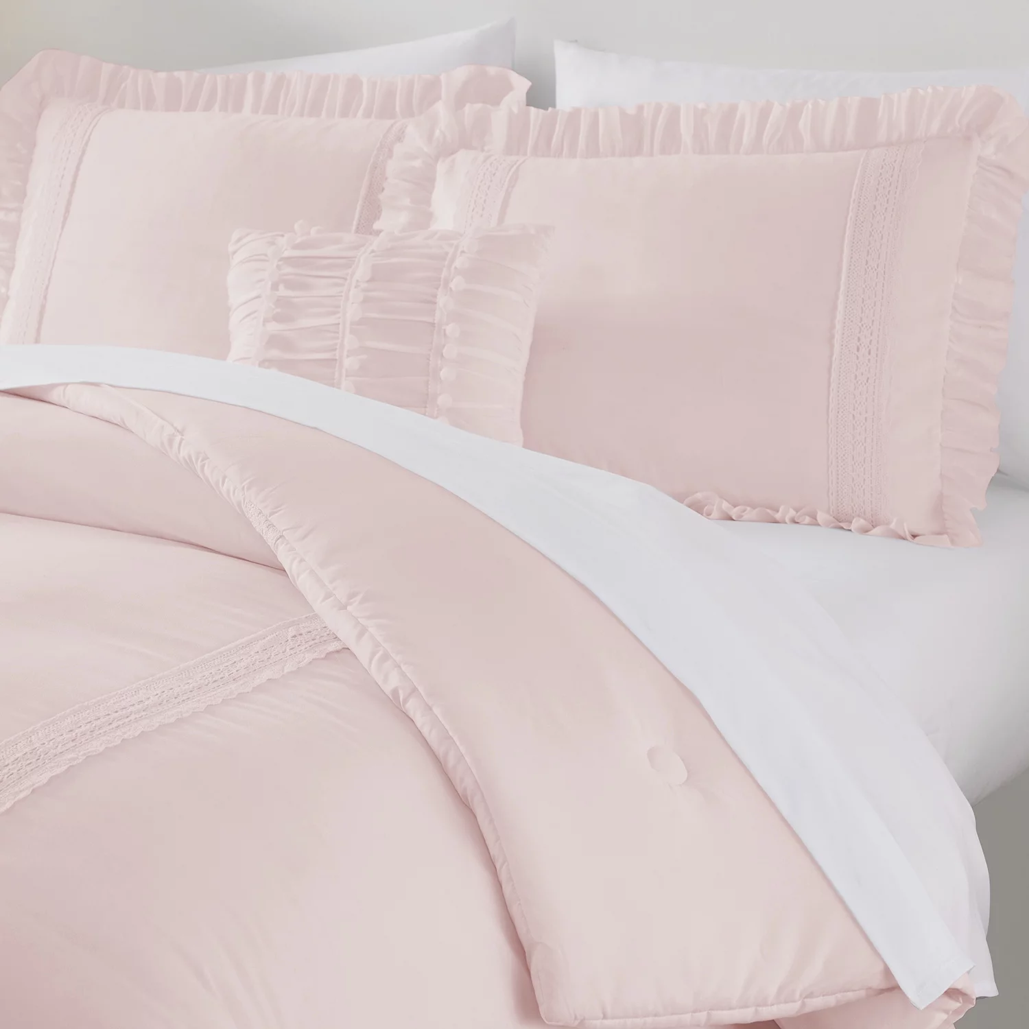 Simply Shabby Chic Pink Crochet Stripe 4-Piece Washed Microfiber Comforter Set, Full/Queen