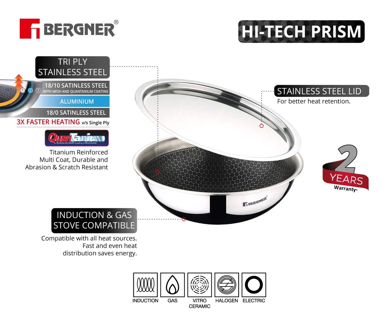Bergner Hitech Triply Stainless Steel Scratch Resistant Non Stick Tasra/Tasla With Stainless Steel Lid, 20 Cm, 1.5 Litres, Induction Base, Food Safe (Pfoa Free), 2 Years