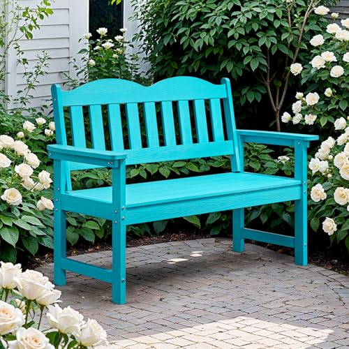 Outdoor Bench, 2-Person Poly Lumber Garden Bench with 800 lbs Weight Capacity, All-Weather Patio Bench with Armrests and Backrest for Garden, Porch, Backyard and Park, Blue