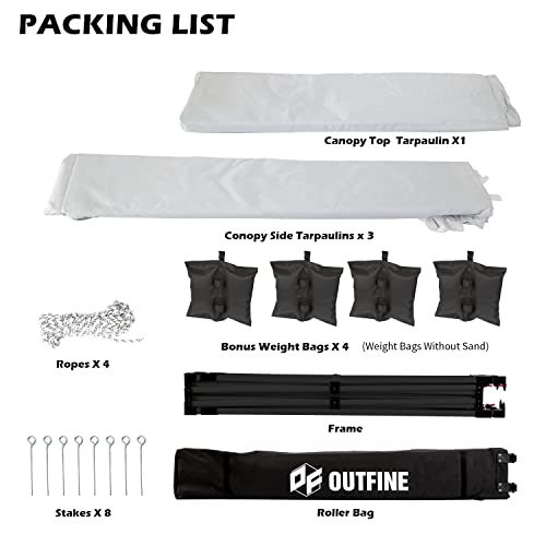 OUTFINE Heavy Duty Canopy 10x10 Pop Up Commercial Canopy Tent with 3 Side Walls Instant Shade, Bonus Upgrade Roller Bag, 4 Weight Bags, Stakes and Ropes (White, 10 * 10FT)