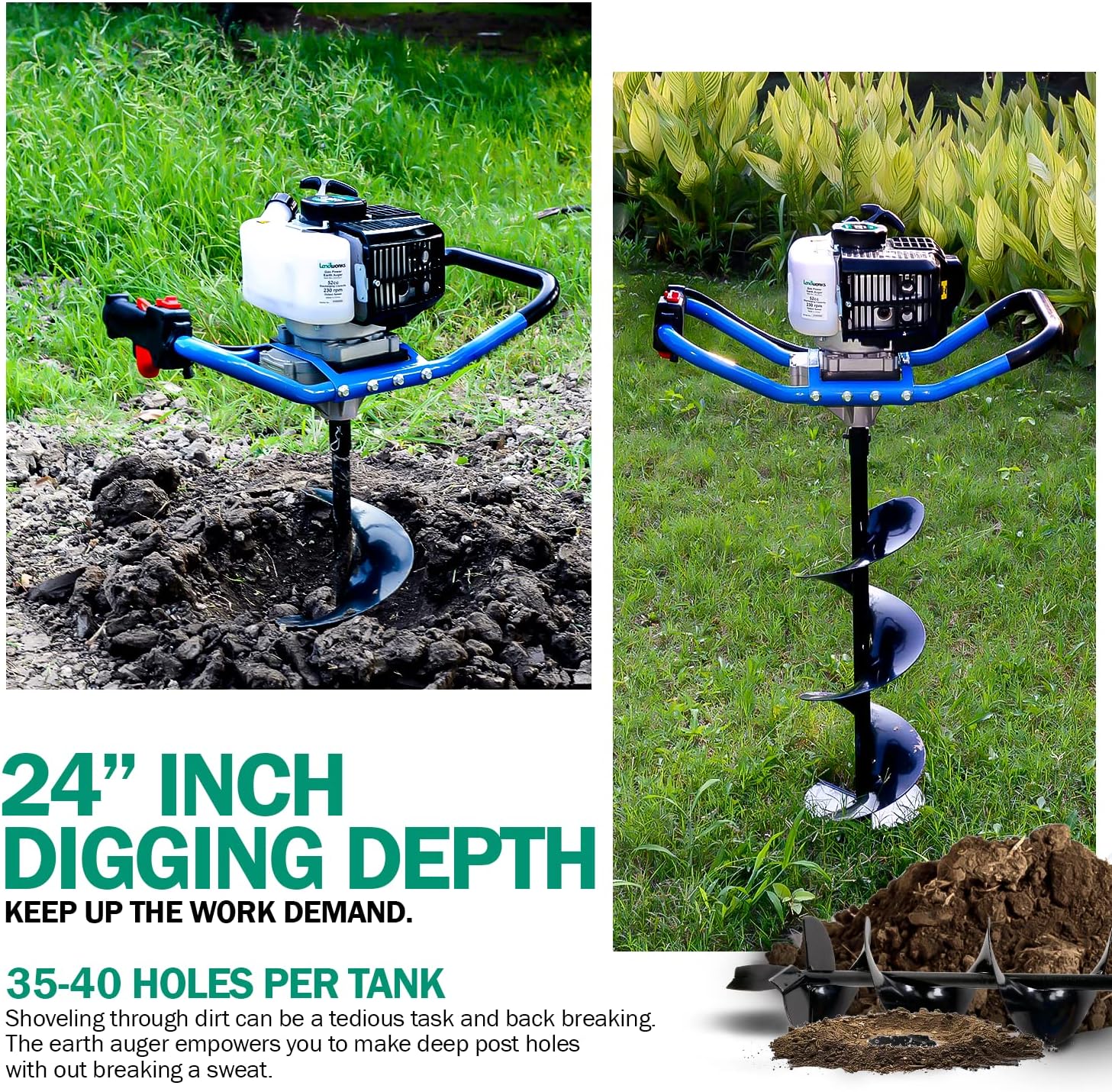 Landworks Earth Auger Power Head Heavy Duty 3HP 52cc 2 Stroke Gas Engine w/Steel 8