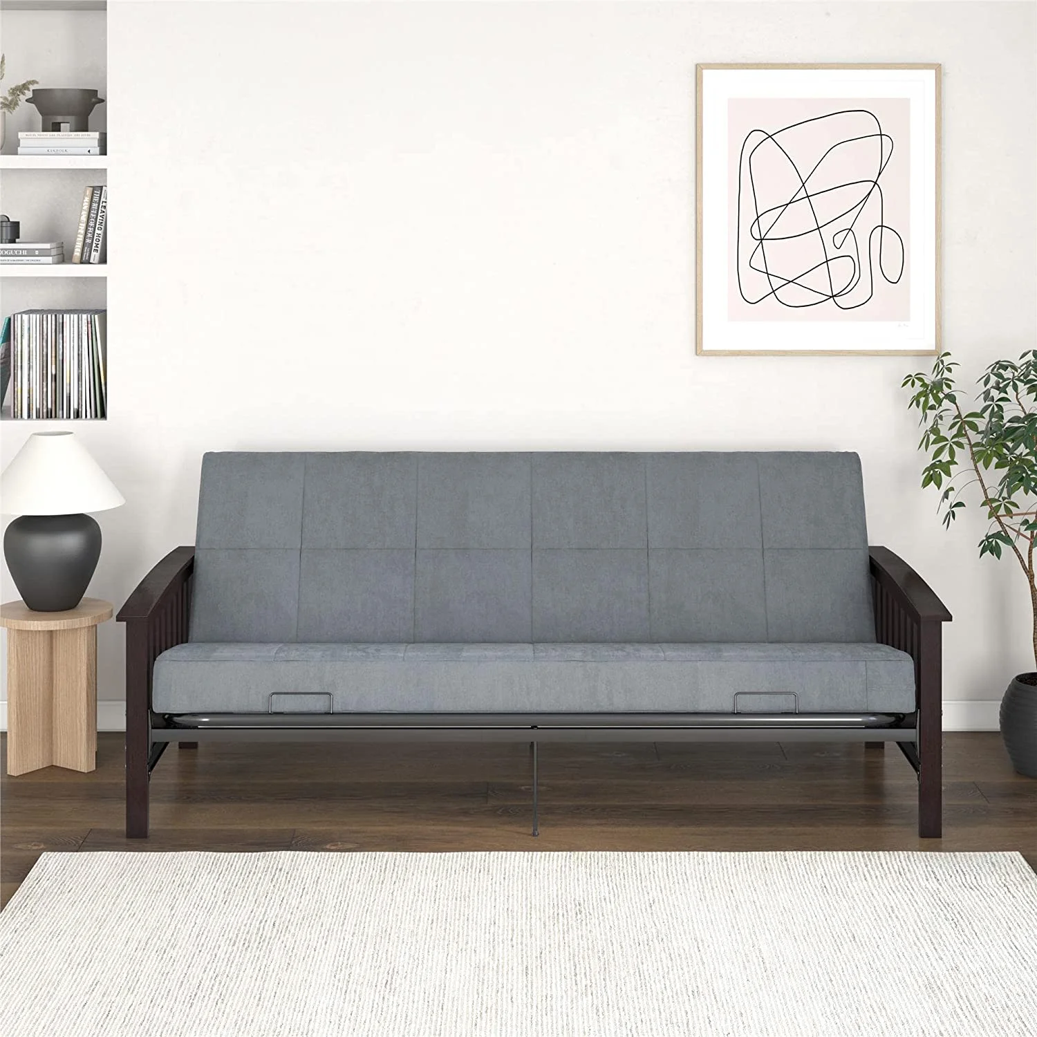 Elbi Full Size Wood Arm And Black Metal Futon Frame, Natural