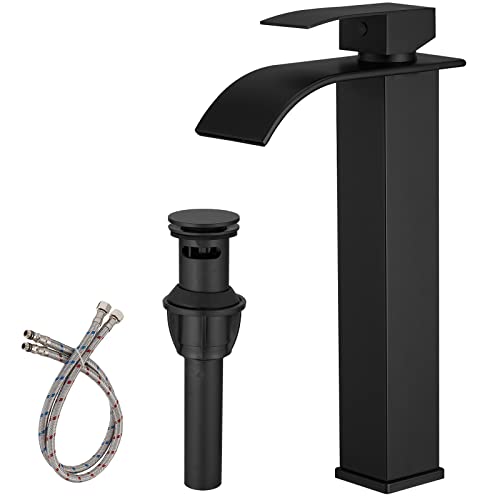 BWE Vessel Sink Faucet Modern Waterfall Chrome Single Hole Bathroom Faucet Single Handle with Pop up Drain Without Overflow Assembly Vanity Basin Bath Sink Faucets Mixer Tap