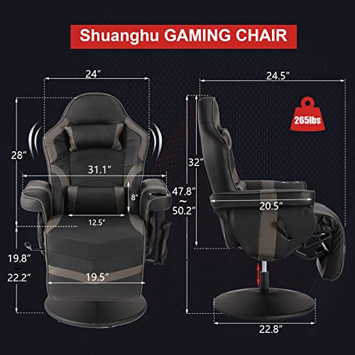 Gaming Chairs for Adults, Gaming Chair with Footrest, Massage Gaming Chair w/Adjustable Height and Backrest, Swivel Video Game Chair with Lumbar Support, Side Pouch (Black& Grey)