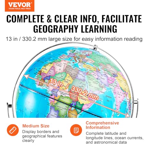 VEVOR Rotating World Globe with Stand, 8 in/203.2 mm, Educational Geographic Globe with Precise Time Zone ABS Material, 360° Spinning Globe for Kids Children Learning Classroom Geography Education