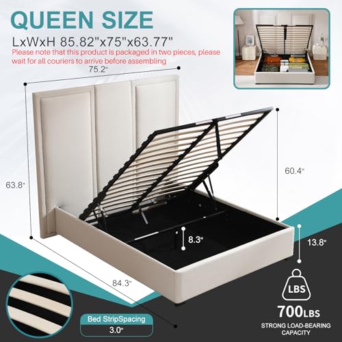 YUHUASHI Queen Size Bed Frame with 64-inch High Headboard, Simple and Airy Linen Upholstered Platform Bed with Queen Size Storage Drawers, Wood Slat, No Noise (Beige, King)