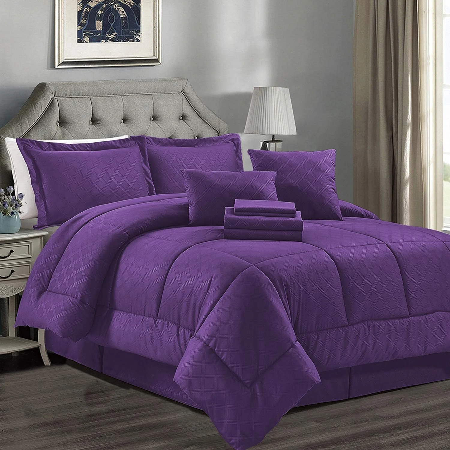 Kig Comforter Set, 10 Piece Microfiber Beddig Comforter Sets With Shams - 430GSM Heavyweight, Luxury Solid Color Quilted Embroidered Patter, Perfect For Ay Bed Room Or Guest Room, Purple
