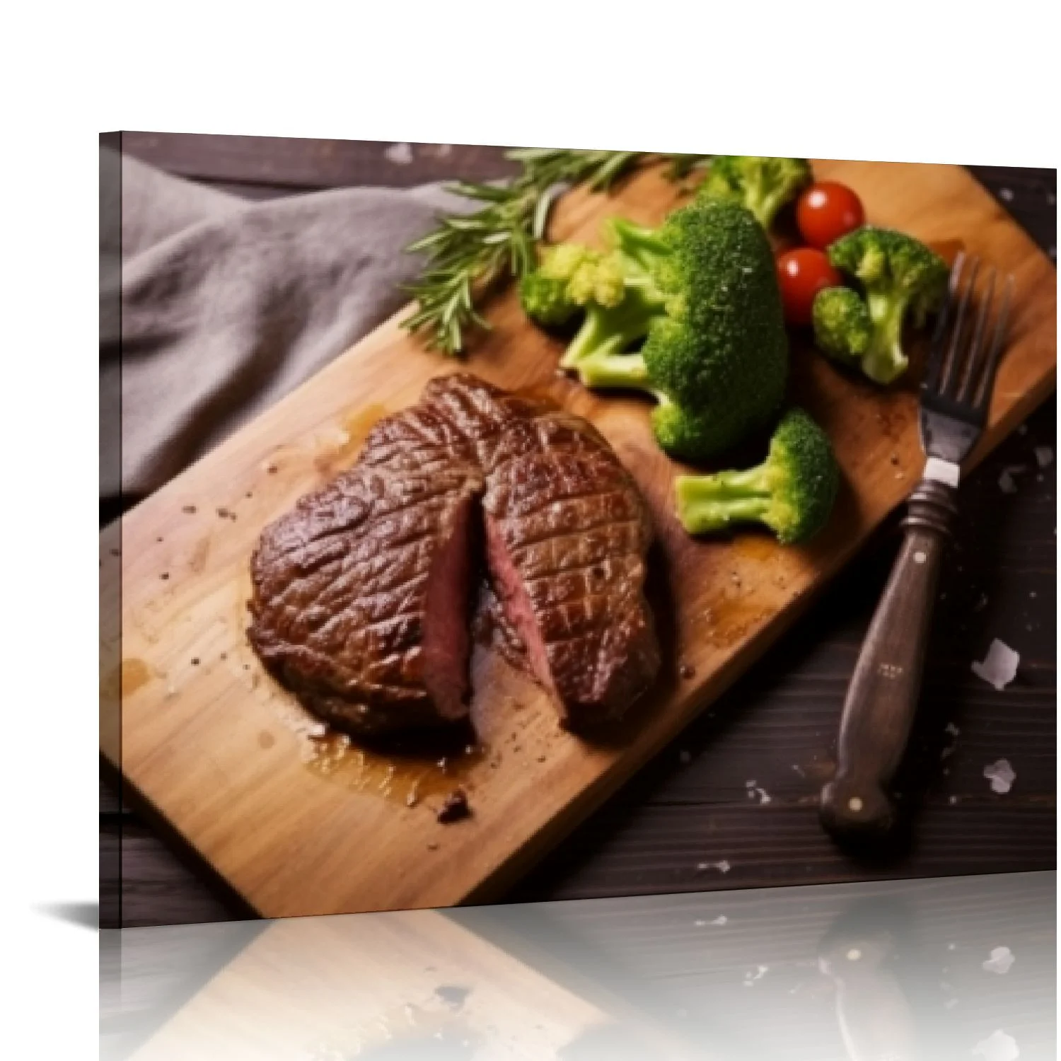 Nawypu Medium Rare Grilled Beef Steak Ribeye With Broccoli On Cutting Board On Wooden Background Canvas Prints Poster Wall Art For Home Office Decorations With Framed