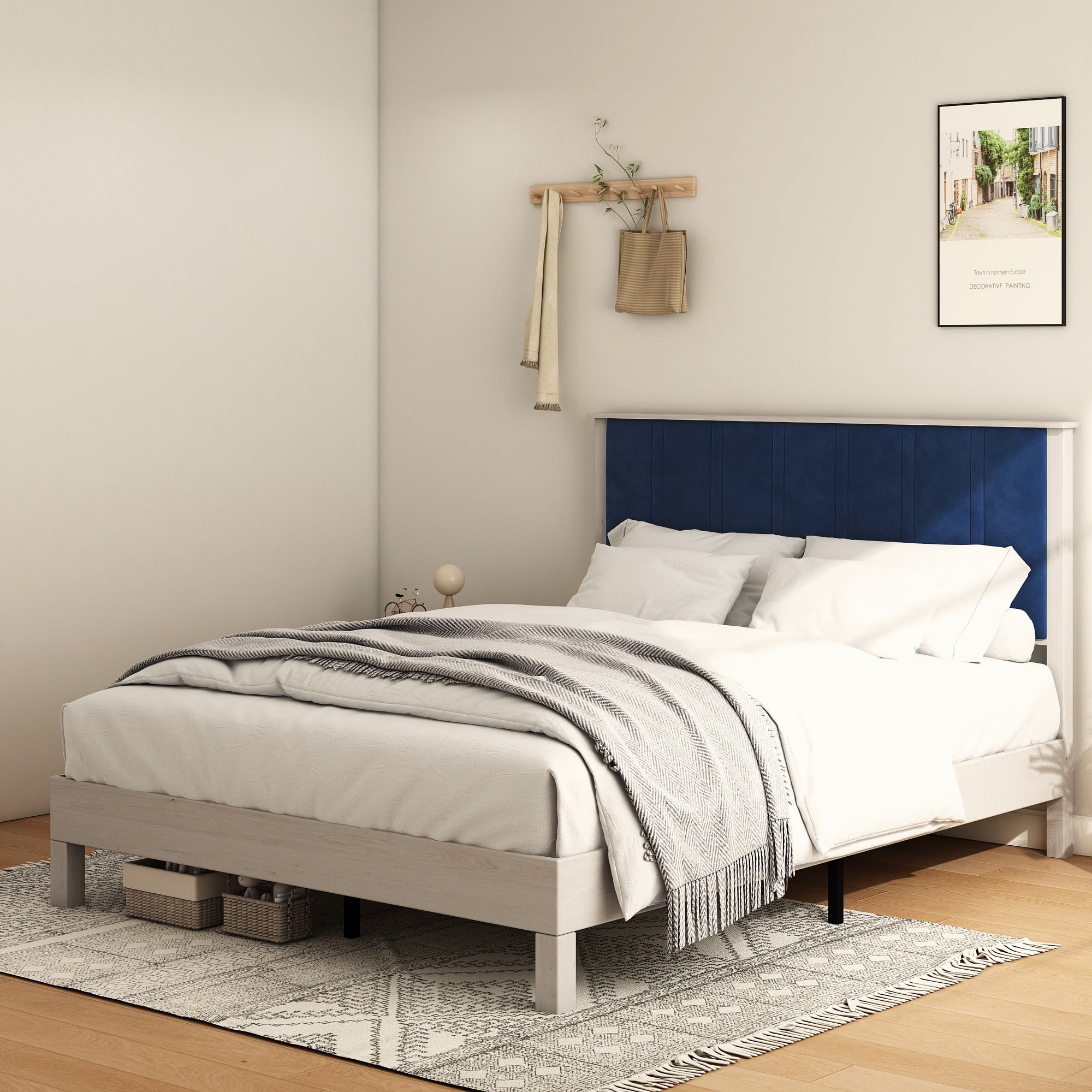 King Bed Frame, Wood with Wood Headboard Bed Frame with upholstered headboard / Wood Foundation with Wood Slat Support / No Box Spring Needed / Easy Assembly