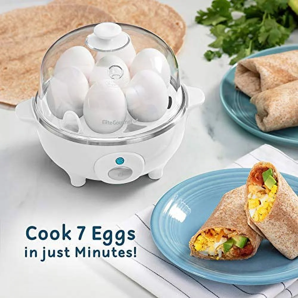 Elite Cuisine EGC-007 Easy Electric Egg Poacher, Omelet  Soft, Medium, Hard-Boiled, Deviled Egg Cooker with Auto-Shut off and Buzzer, 7 Egg Capacity, White