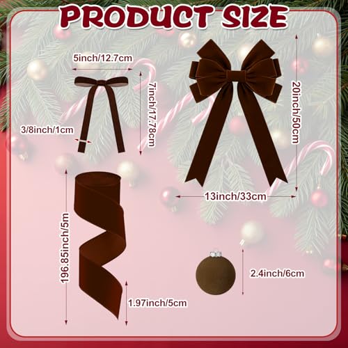 26 PCS Christmas Velvet Ornaments Decor Kit - Tree Toppers Bow, Ribbon, 12 Flocked Christmas Balls & 12 Vintage Bows for Wine Red Holiday Xmas Tree Decorations(Wine Red)